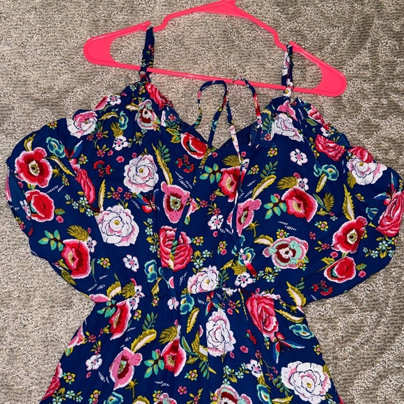 Spaghetti Strap Royal Blue Floral Romper - Picture 2 of 6